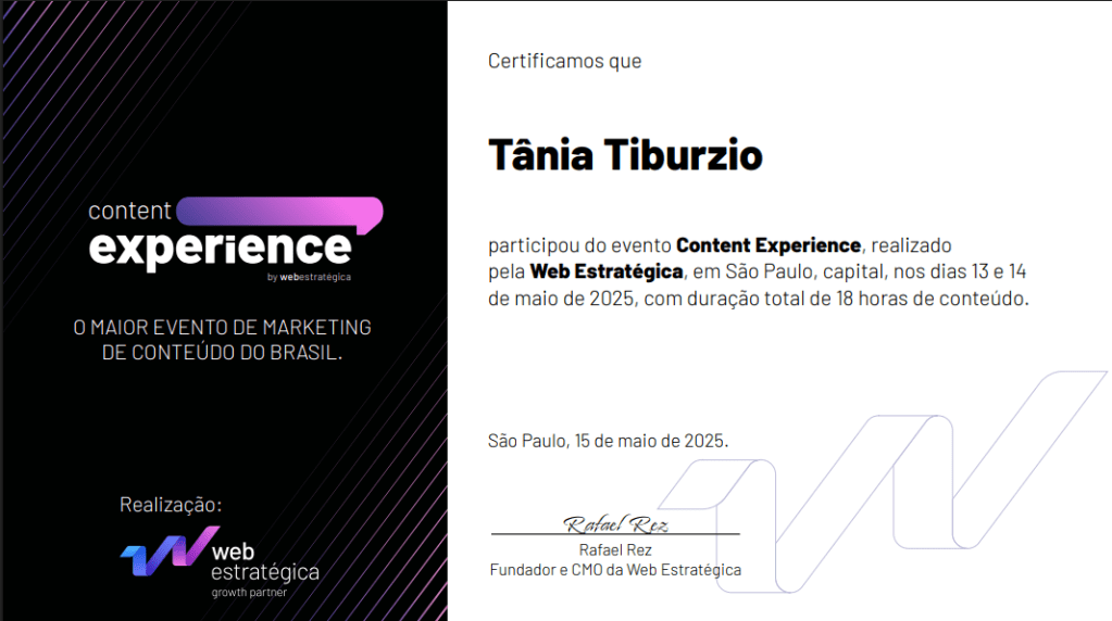 Certificado de participação - Content Experiencia 2025.