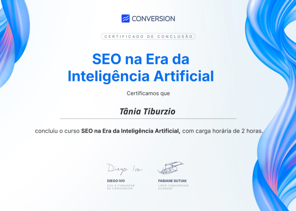 Certificado - SEO na era da inteligência artificial - Tânia Tiburzio, Redatora SEO